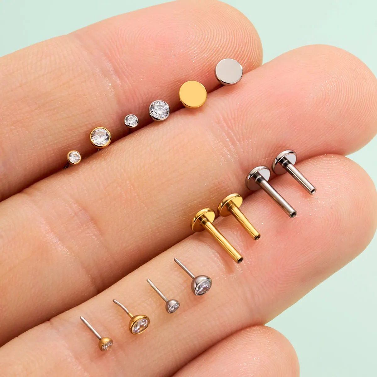 16G Titanium Bezel CZ Threadless/Push Pin Flat Back Labret Mantis Piercing Stud