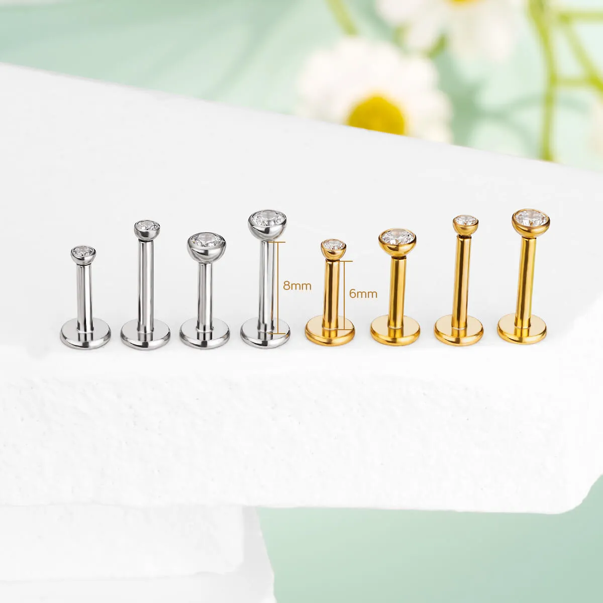 16G Titanium Bezel CZ Threadless/Push Pin Flat Back Labret Mantis Piercing Stud