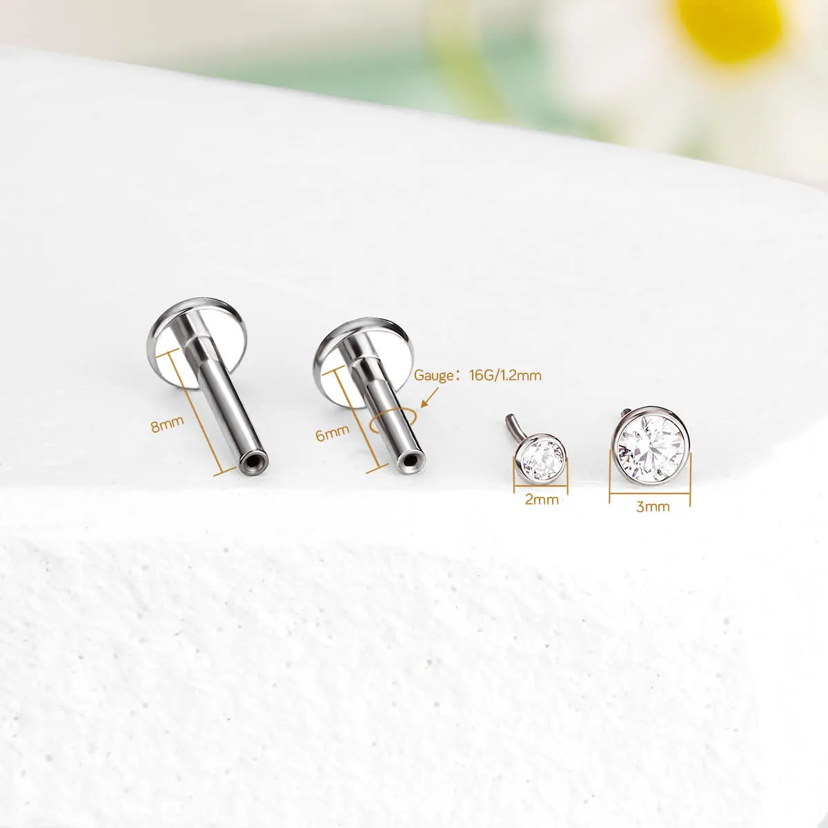 16G Titanium Bezel CZ Threadless/Push Pin Flat Back Labret Mantis Piercing Stud