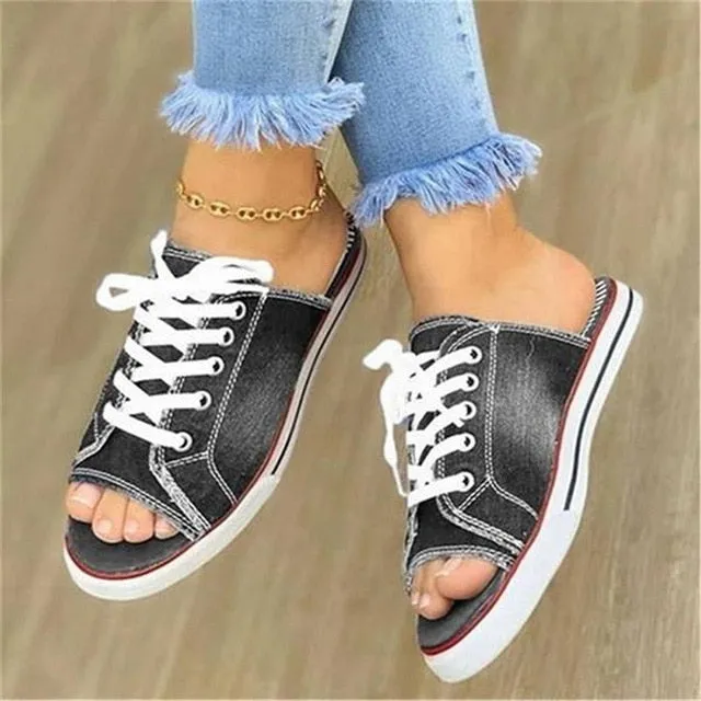 2020 Fashion Women Canvas Sandals Breathable Summer Slippers Lace Up Open Toe Ladies Faux Denim Flat Shoes Zapatos Mujer