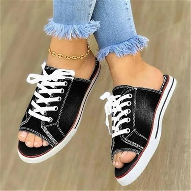 2020 Fashion Women Canvas Sandals Breathable Summer Slippers Lace Up Open Toe Ladies Faux Denim Flat Shoes Zapatos Mujer