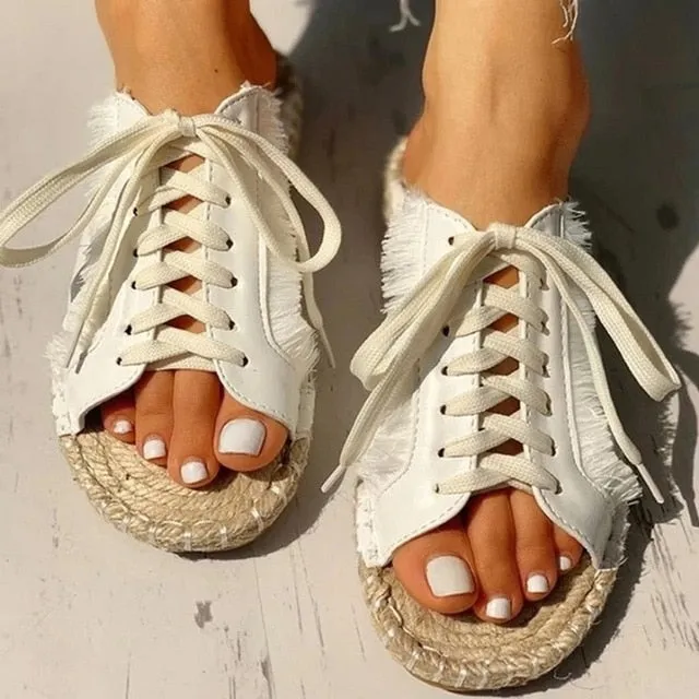2020 Fashion Women Canvas Sandals Breathable Summer Slippers Lace Up Open Toe Ladies Faux Denim Flat Shoes Zapatos Mujer