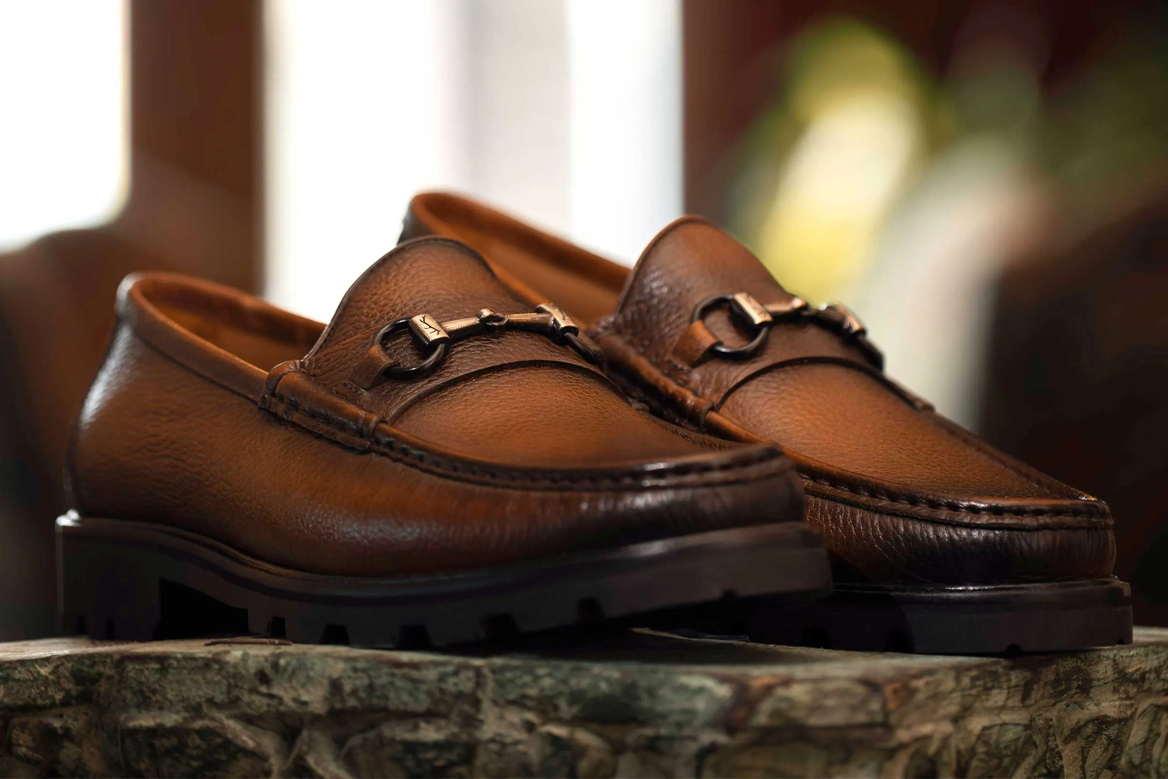 Addison Lug Pebble Grain Leather Horse Bit Loafers - Black Oak