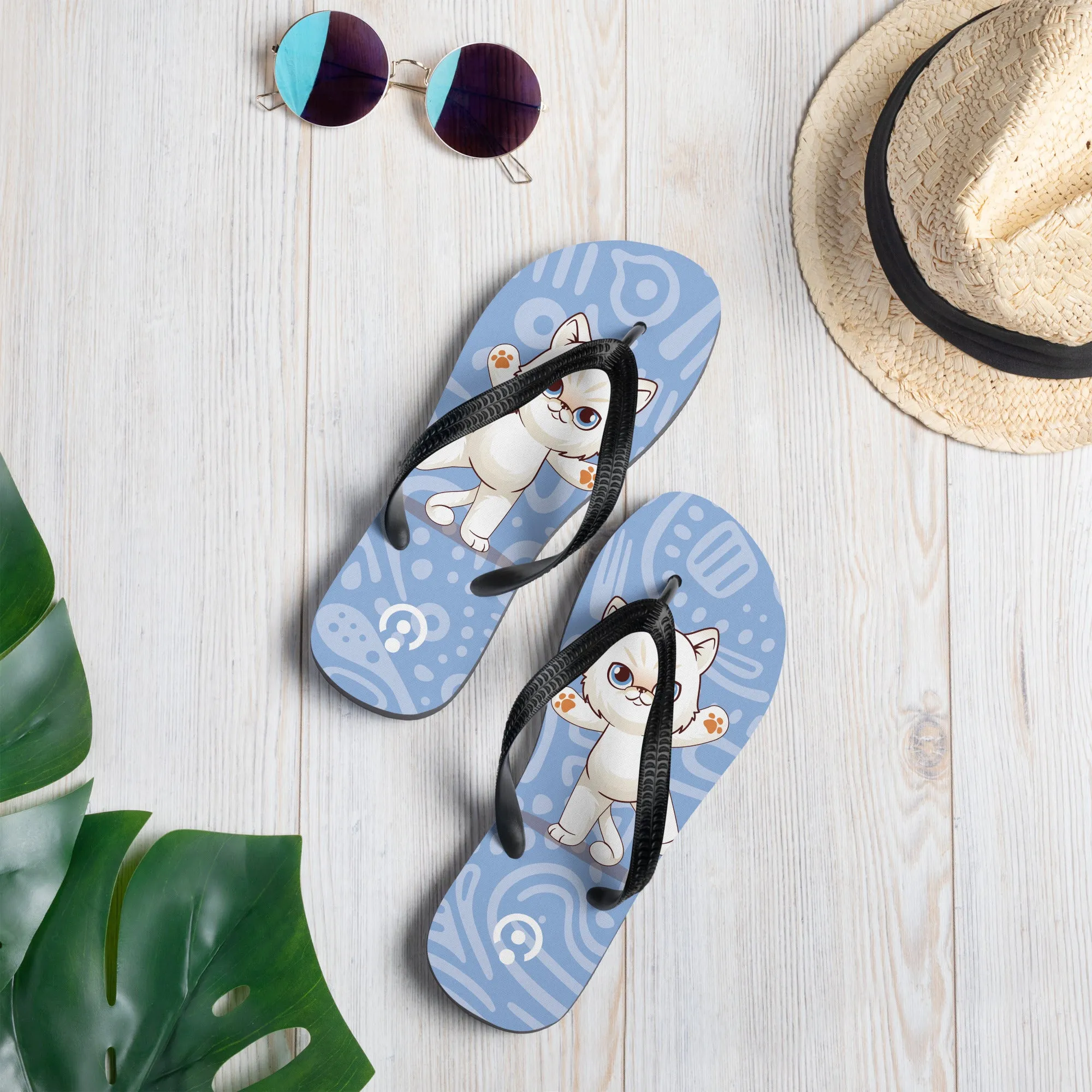 Adorable Cat-Themed Blue Flip-Flops
