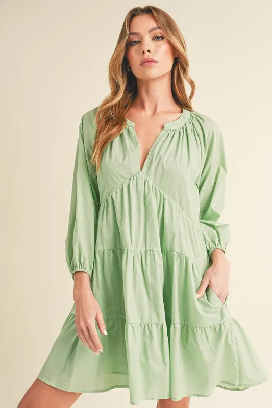 AEMI   CO NOTCHED BALLOON SLEEVE TIERED MINI DRESS