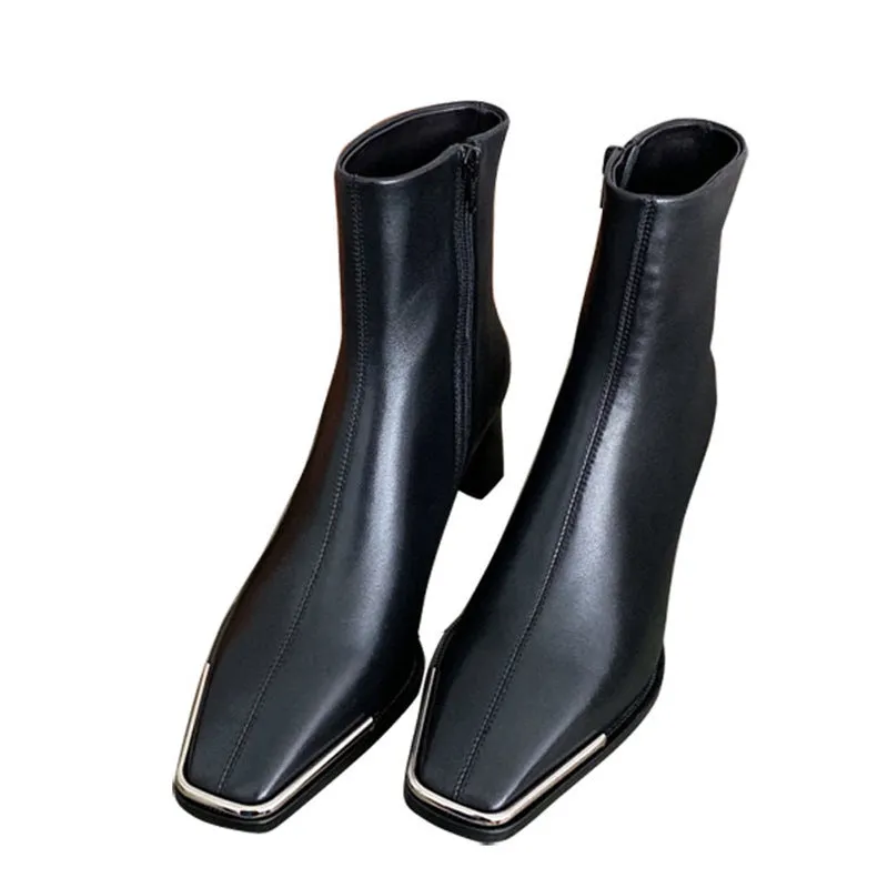 All-leather Square-Toe Zipper Thick Heel Single Boot Ankle Boots