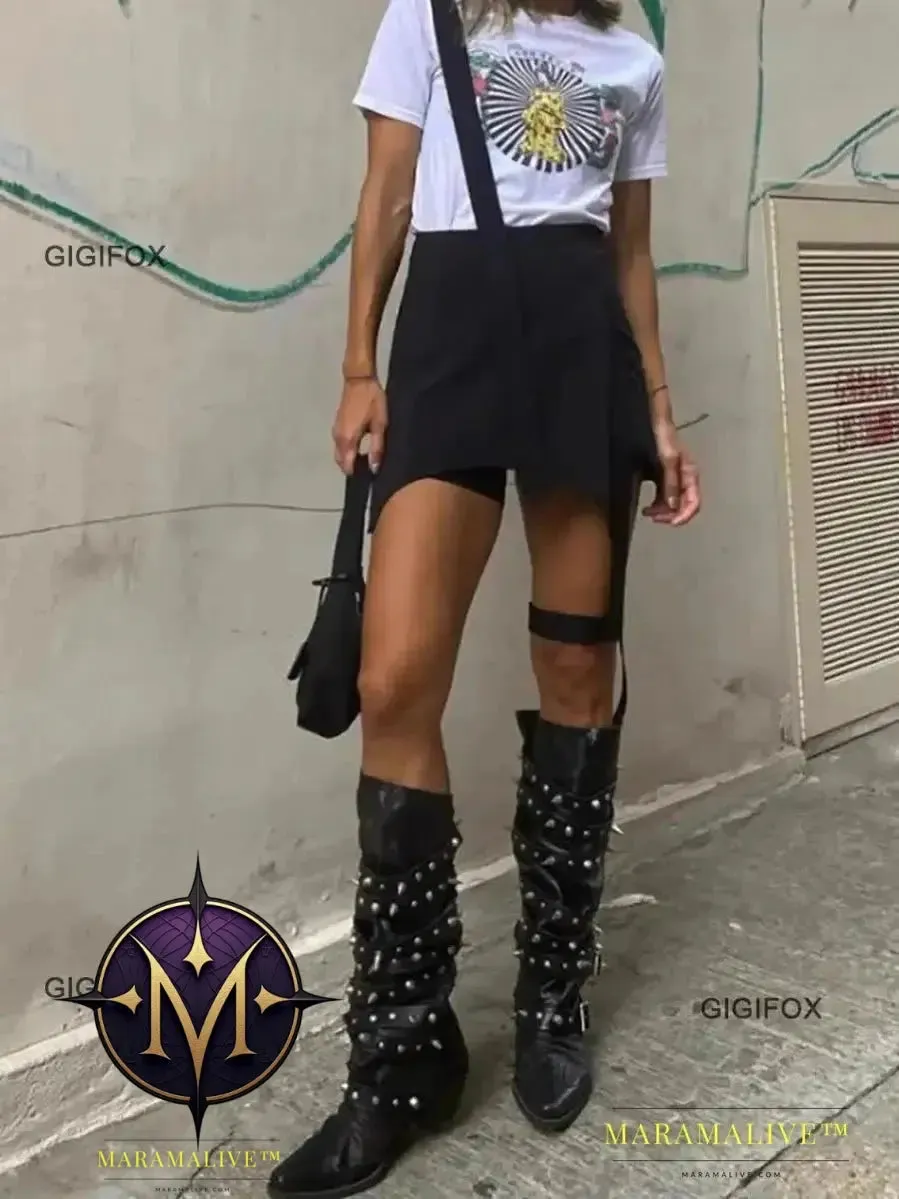 Biker Boots For Women Buckle Knee High Boots Pointed Toe Punk Motorcycle Goth Fashion Boots Winter Shoes Street Y2k