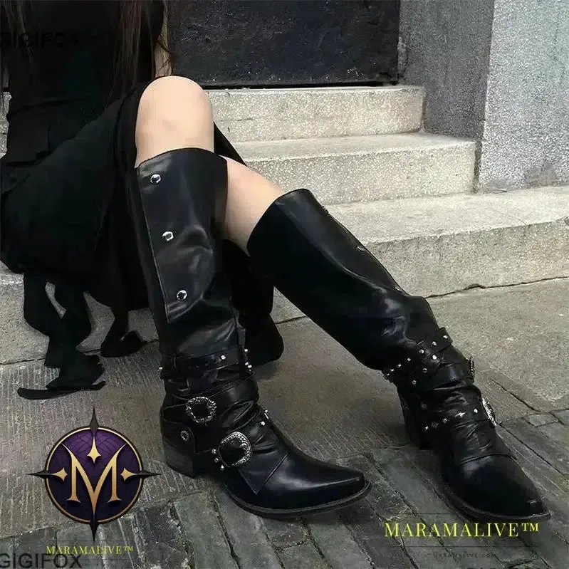 Biker Boots For Women Buckle Knee High Boots Pointed Toe Punk Motorcycle Goth Fashion Boots Winter Shoes Street Y2k