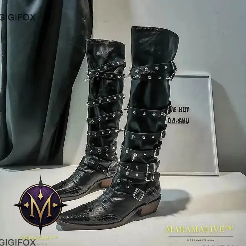 Biker Boots For Women Buckle Knee High Boots Pointed Toe Punk Motorcycle Goth Fashion Boots Winter Shoes Street Y2k