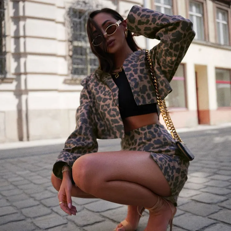 Bold Leopard Print Cropped Blazer and Skirt Two-Piece Set
