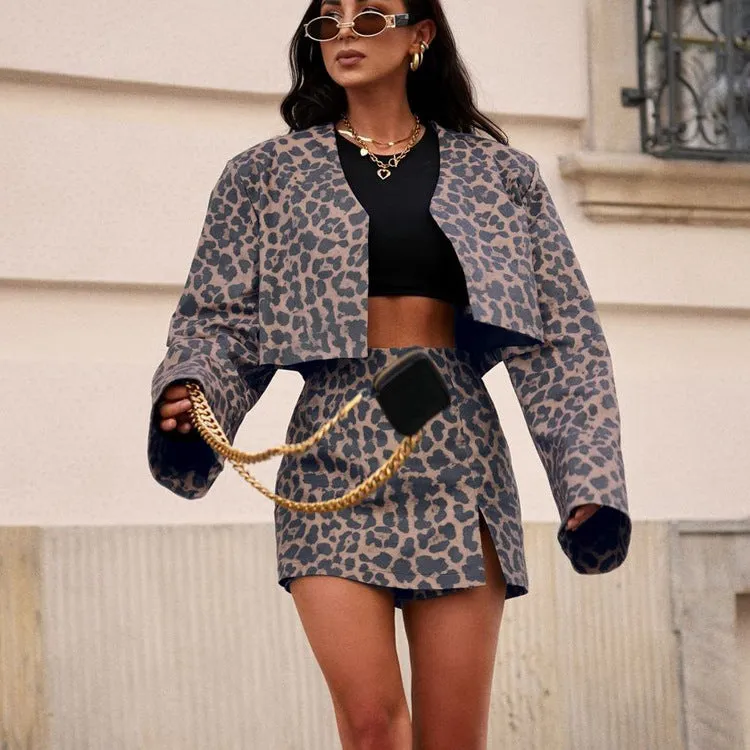 Bold Leopard Print Cropped Blazer and Skirt Two-Piece Set
