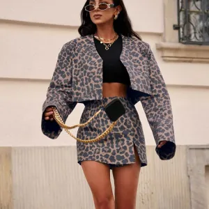 Bold Leopard Print Cropped Blazer and Skirt Two-Piece Set
