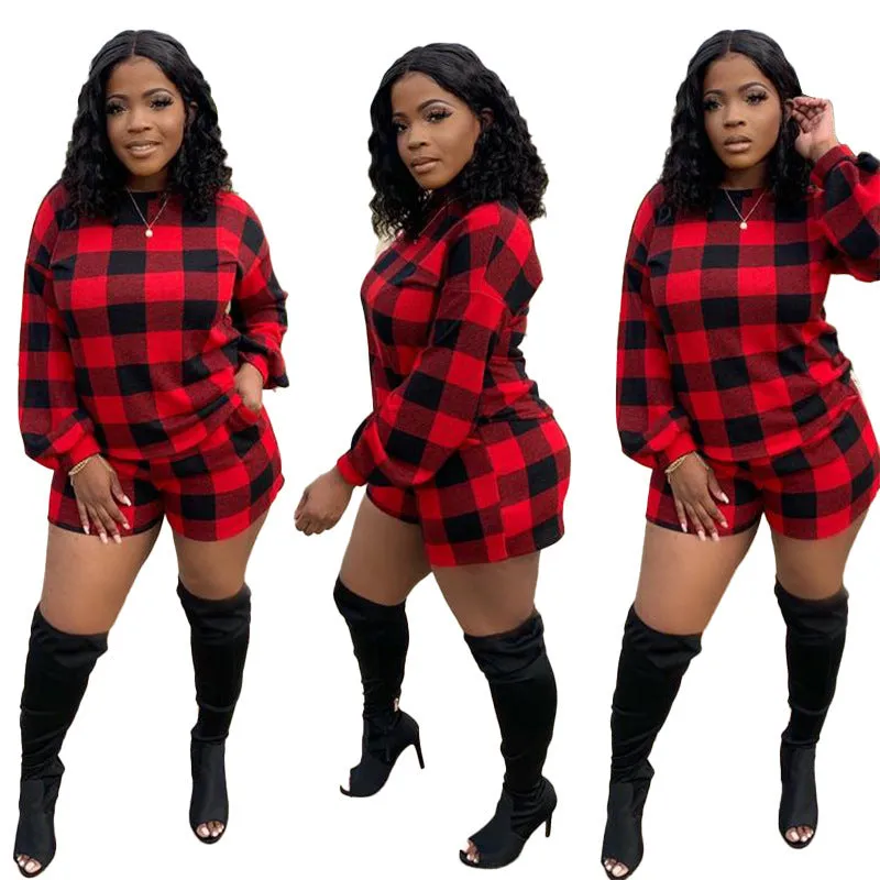 Bold Plaid Long Sleeve Top and High-Waisted Shorts Two-Piece Set