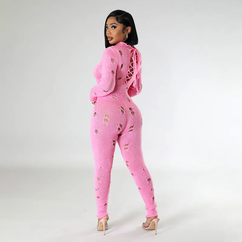 Bold Ripped Knit Slim-Fit Jumpsuit with Edgy Flair