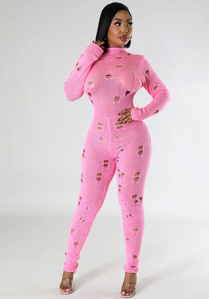 Bold Ripped Knit Slim-Fit Jumpsuit with Edgy Flair