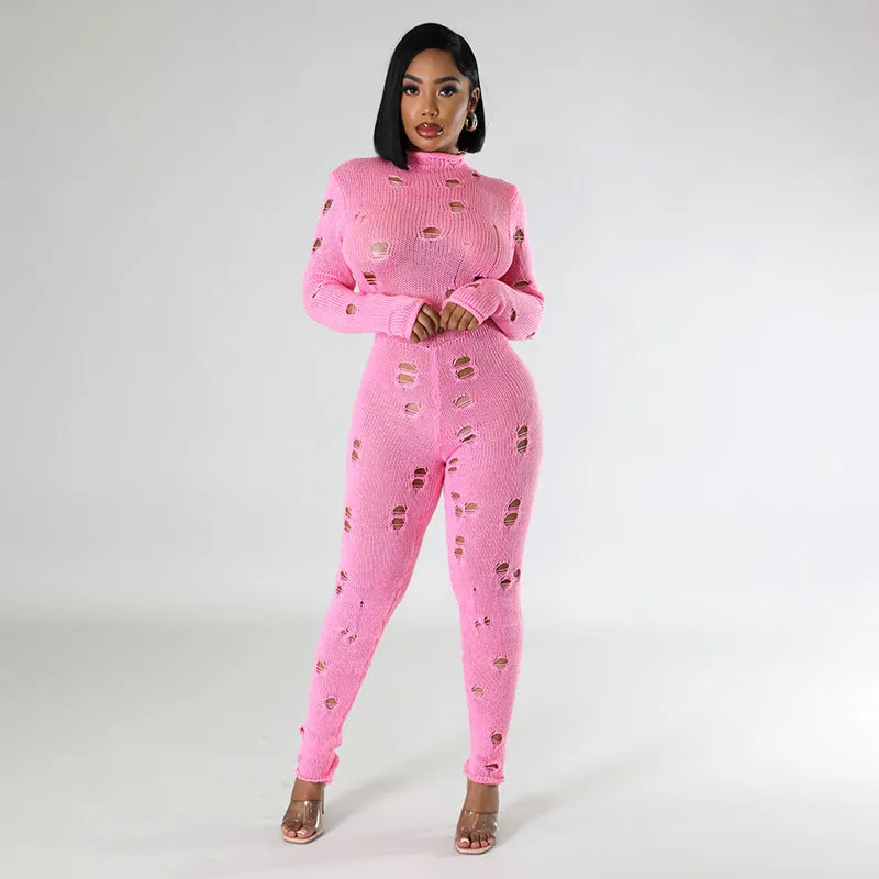 Bold Ripped Knit Slim-Fit Jumpsuit with Edgy Flair