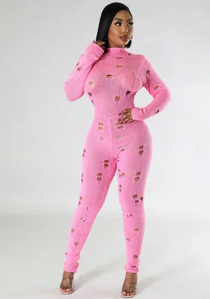 Bold Ripped Knit Slim-Fit Jumpsuit with Edgy Flair