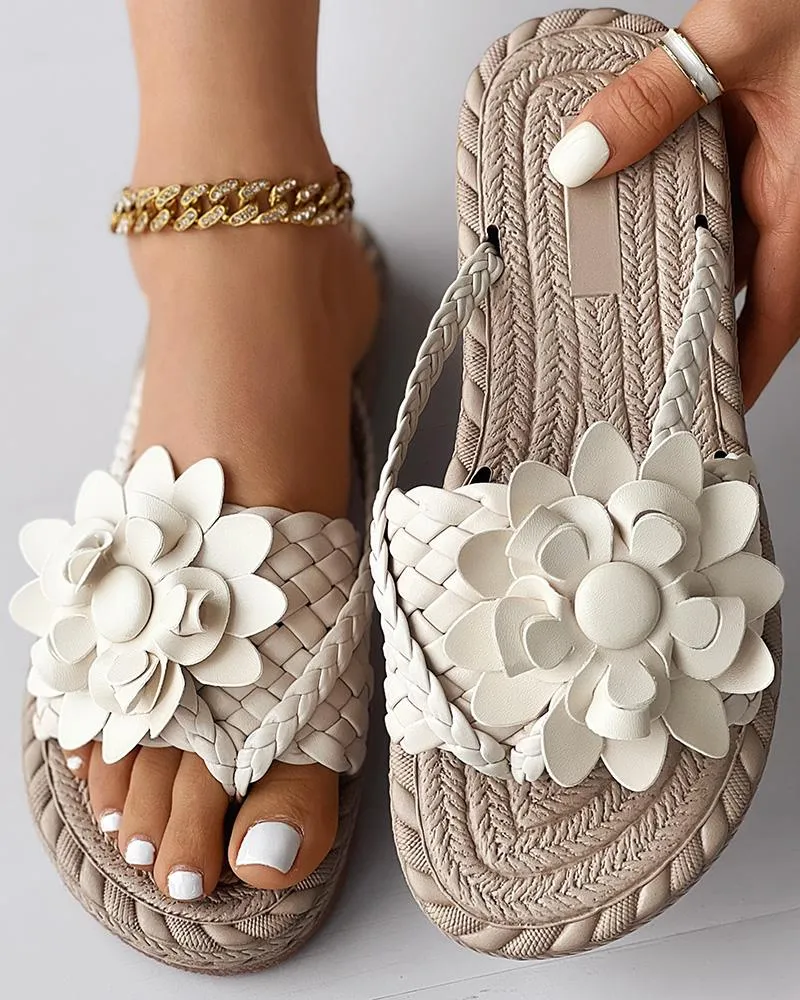 Braided Floral Pattern Toe Post Beach Flip Flops