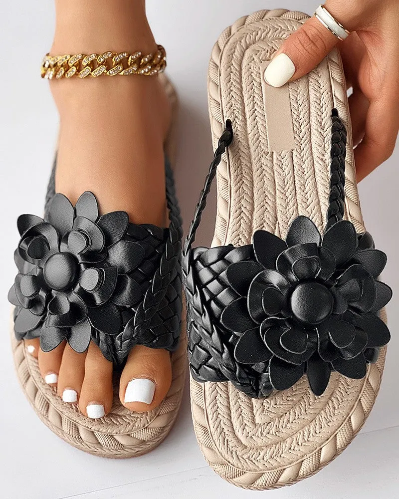Braided Floral Pattern Toe Post Beach Flip Flops