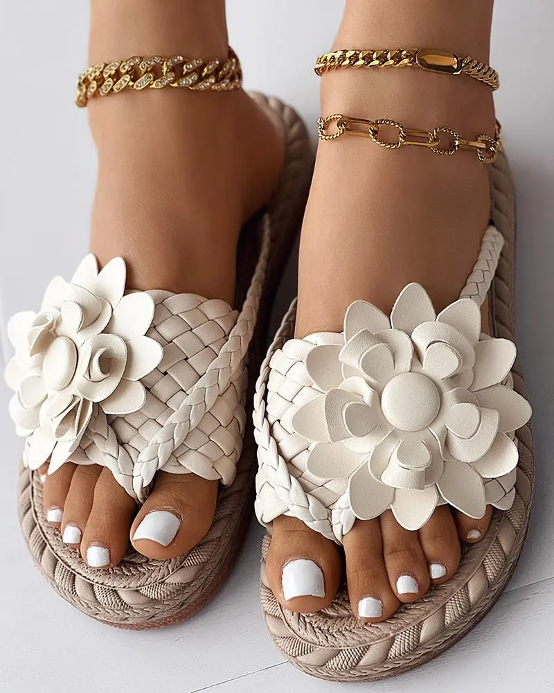 Braided Floral Pattern Toe Post Beach Flip Flops