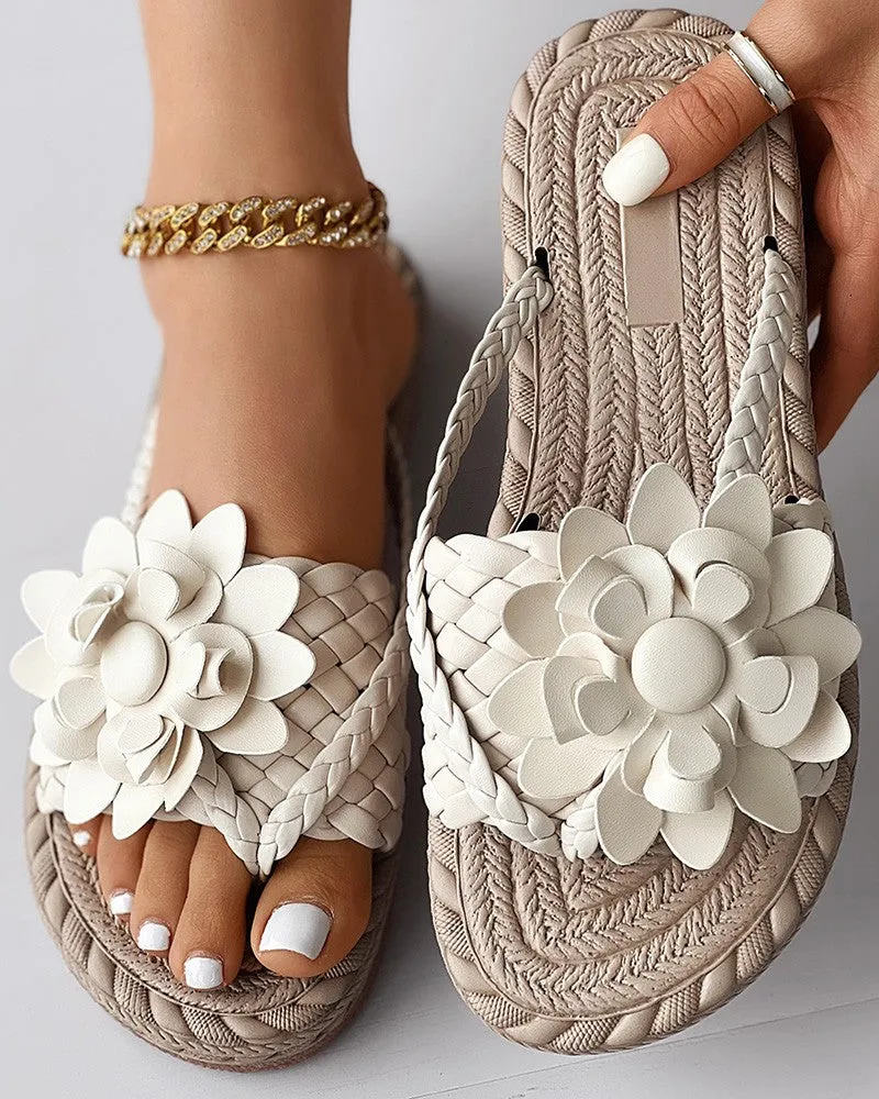Braided Floral Pattern Toe Post Beach Flip Flops