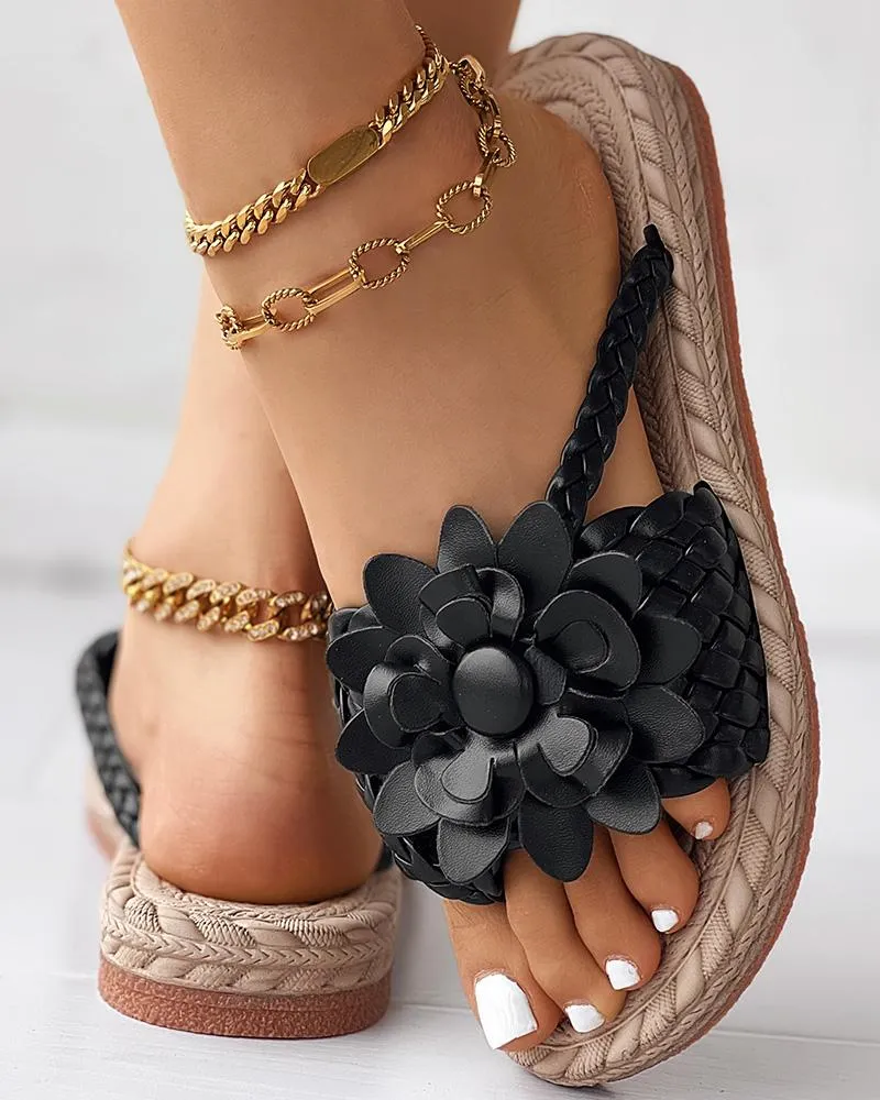 Braided Floral Pattern Toe Post Beach Flip Flops