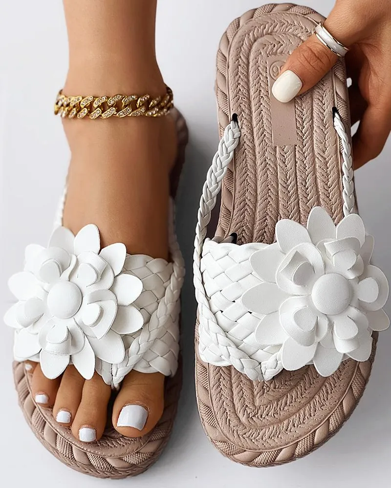 Braided Floral Pattern Toe Post Beach Flip Flops