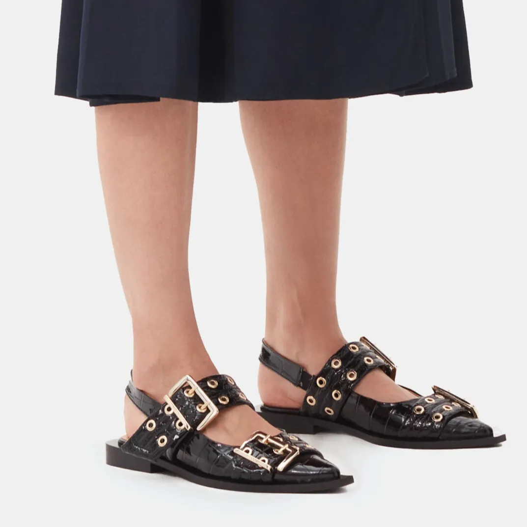 BUCKLE BALLERINA FLATS | BLACK CROCO