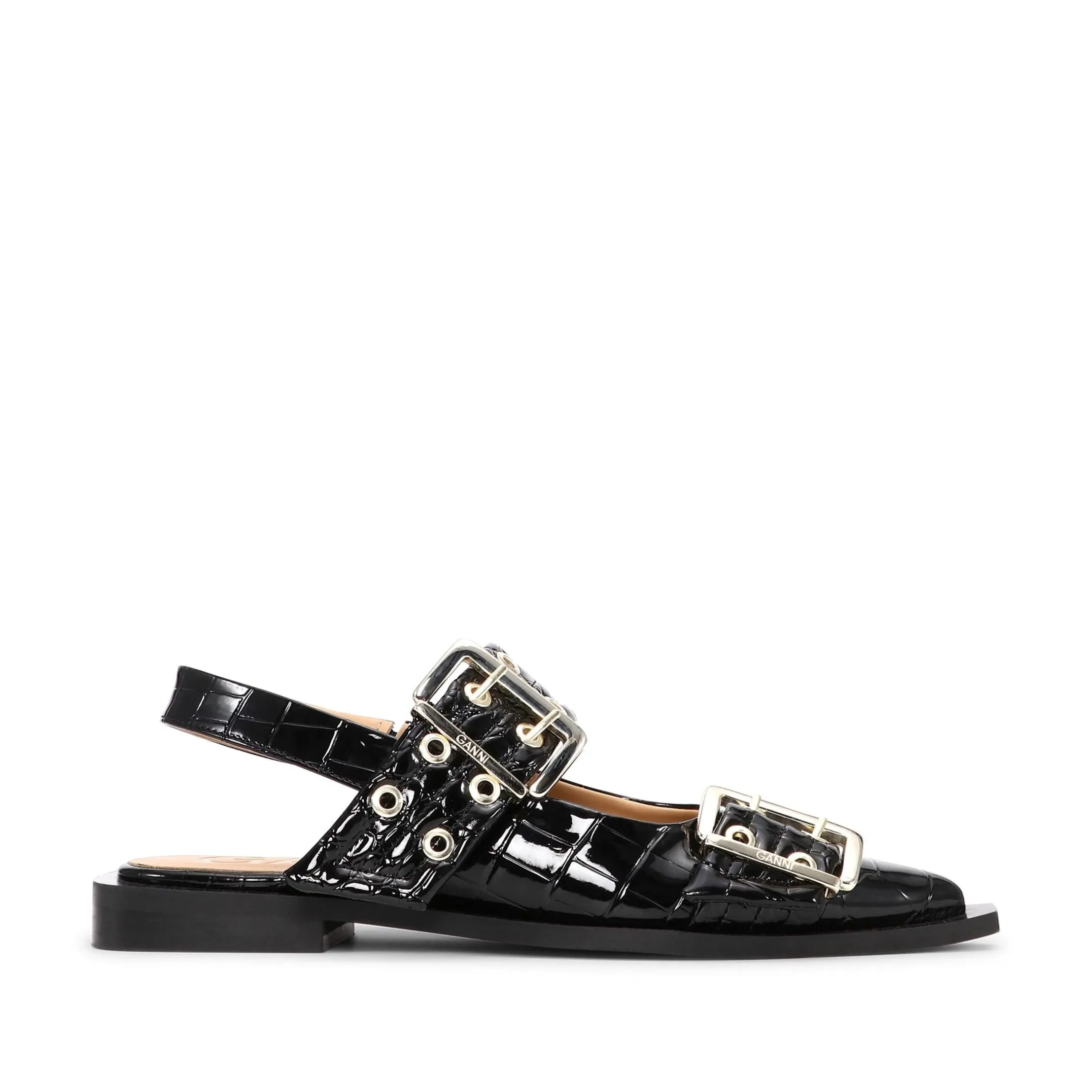 BUCKLE BALLERINA FLATS | BLACK CROCO