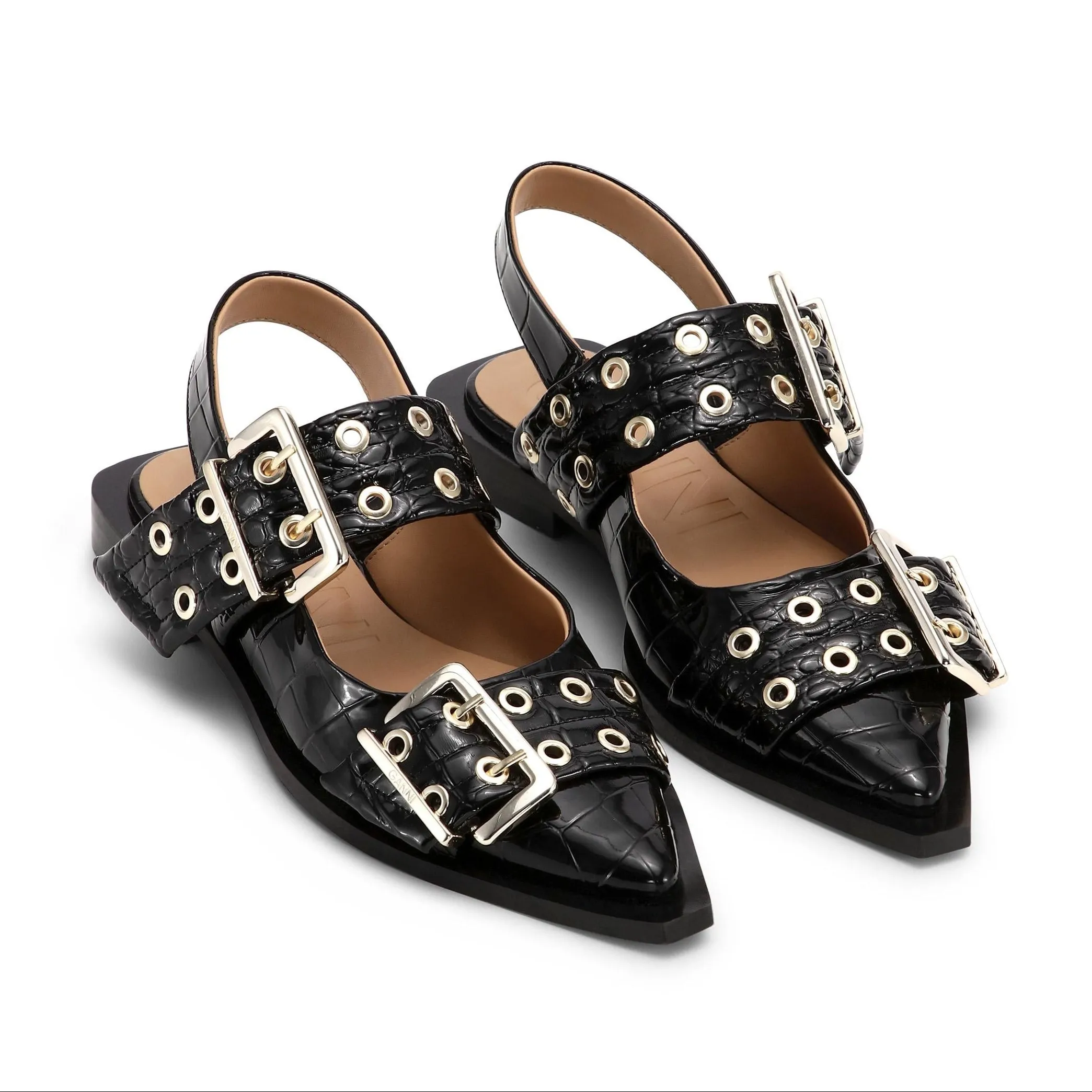 BUCKLE BALLERINA FLATS | BLACK CROCO