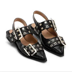 BUCKLE BALLERINA FLATS | BLACK CROCO