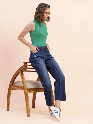 Camla Barcelona Mock Neck Emerald Green Ribbed Top