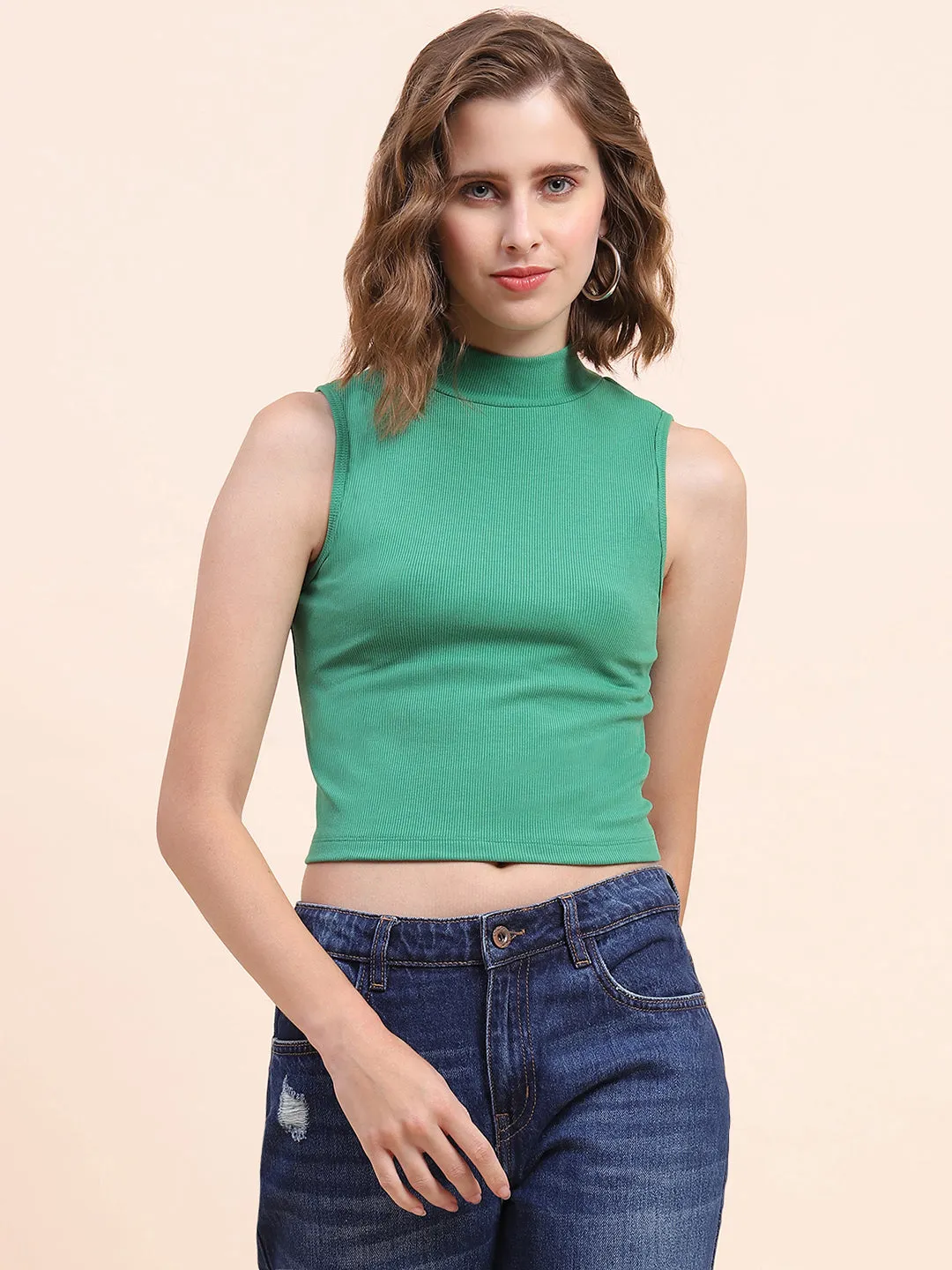 Camla Barcelona Mock Neck Emerald Green Ribbed Top