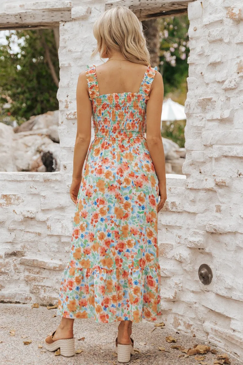Caribbean Green Floral Smocked Maxi Dress