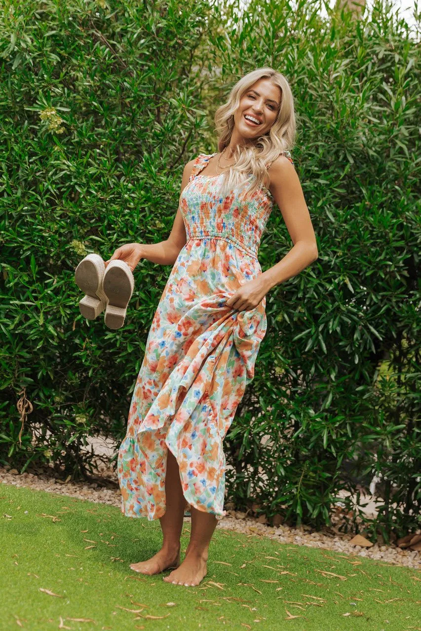 Caribbean Green Floral Smocked Maxi Dress