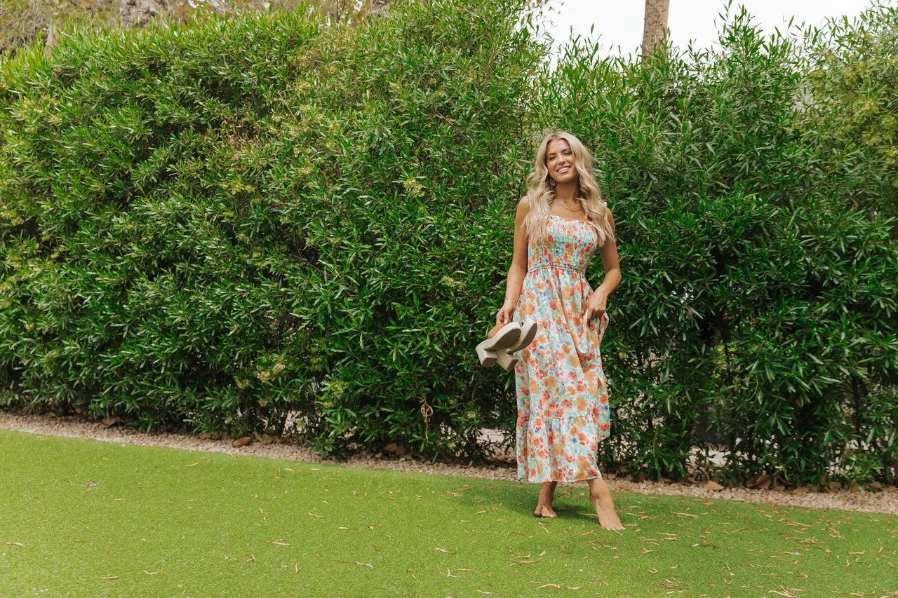 Caribbean Green Floral Smocked Maxi Dress