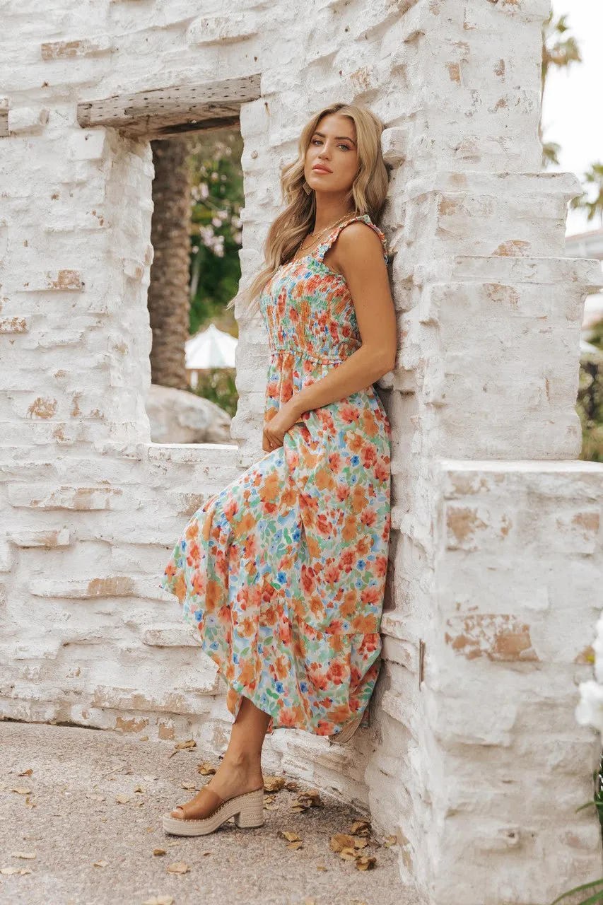Caribbean Green Floral Smocked Maxi Dress