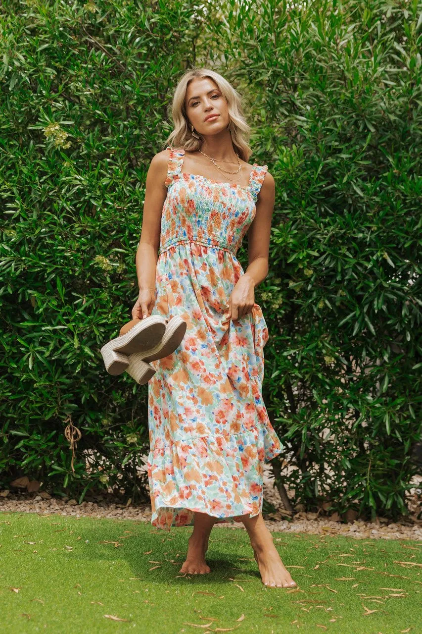 Caribbean Green Floral Smocked Maxi Dress
