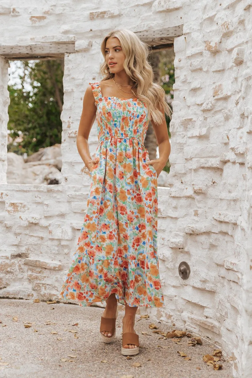 Caribbean Green Floral Smocked Maxi Dress