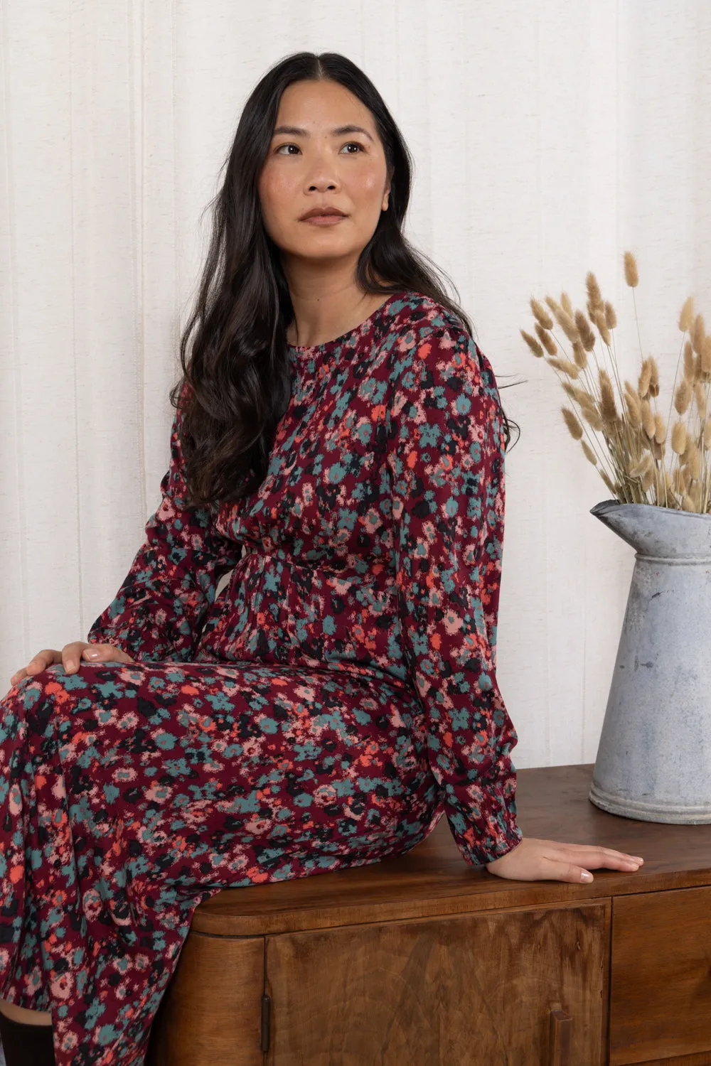 Celia Floral Print Long Sleeved Midi Dress