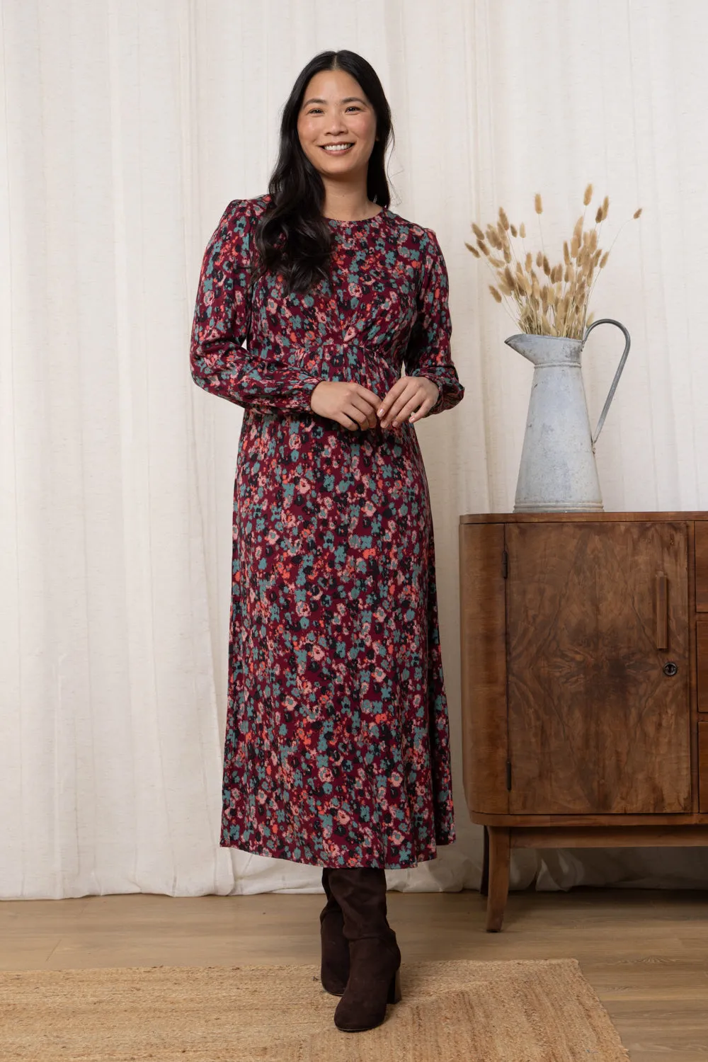 Celia Floral Print Long Sleeved Midi Dress