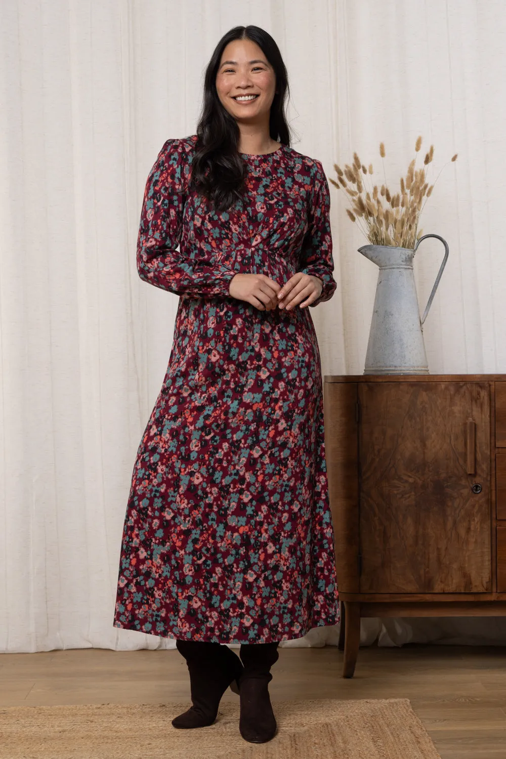 Celia Floral Print Long Sleeved Midi Dress