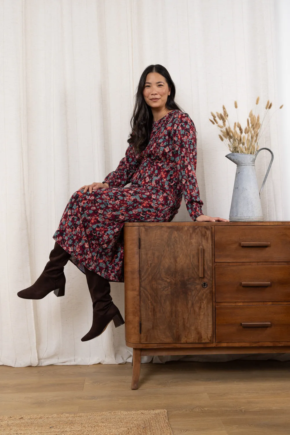 Celia Floral Print Long Sleeved Midi Dress