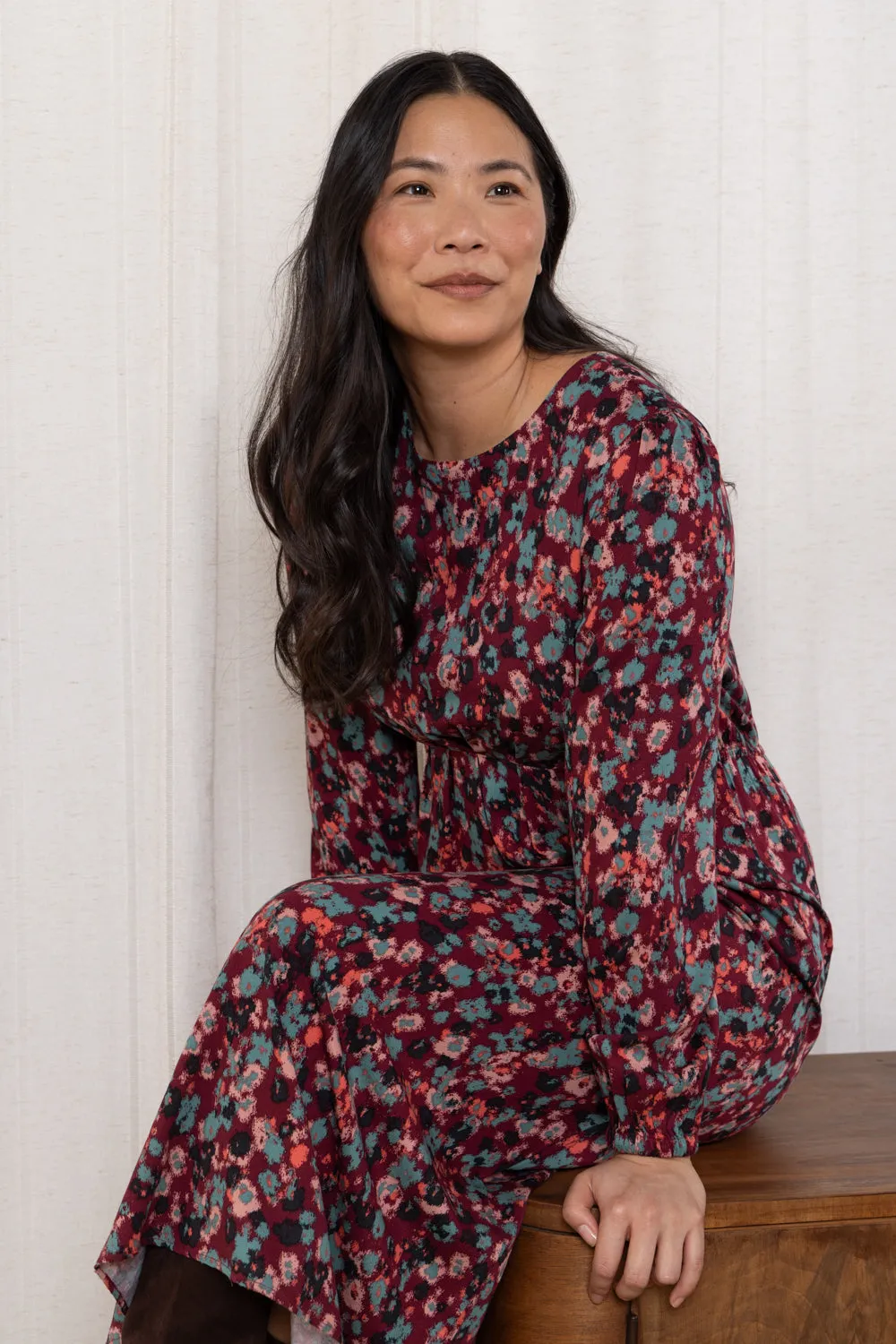 Celia Floral Print Long Sleeved Midi Dress