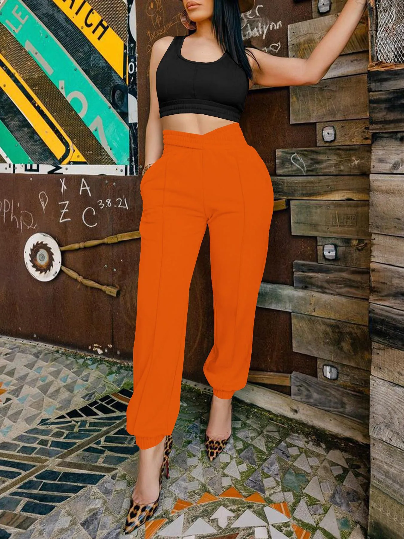 Chic High-Waisted Crossover Cutout Jogger Pants with Elastic Cuffs