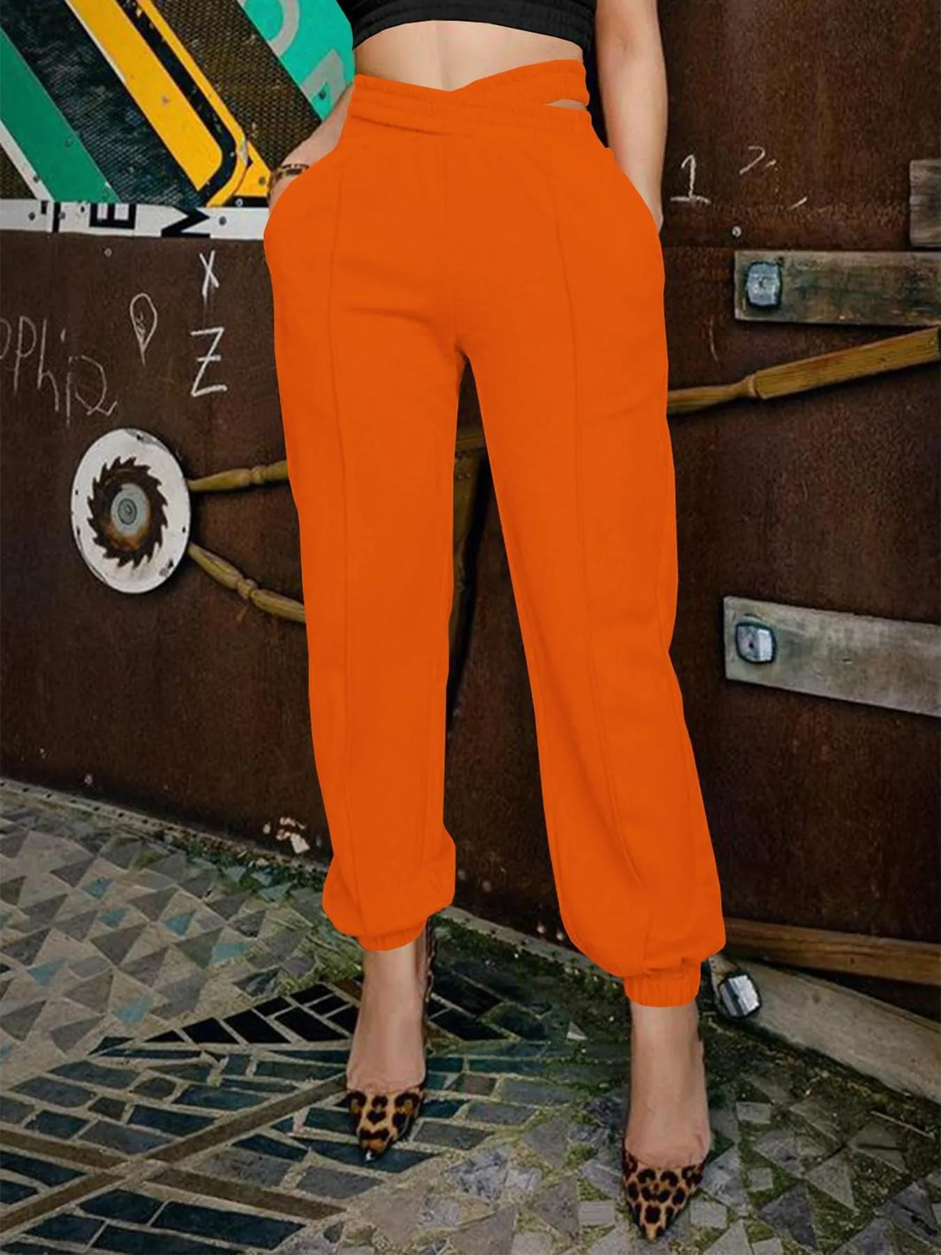 Chic High-Waisted Crossover Cutout Jogger Pants with Elastic Cuffs