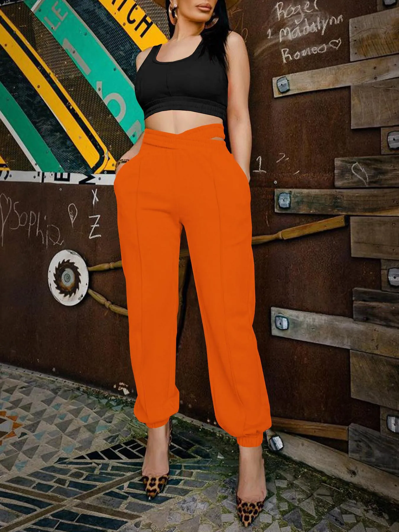 Chic High-Waisted Crossover Cutout Jogger Pants with Elastic Cuffs