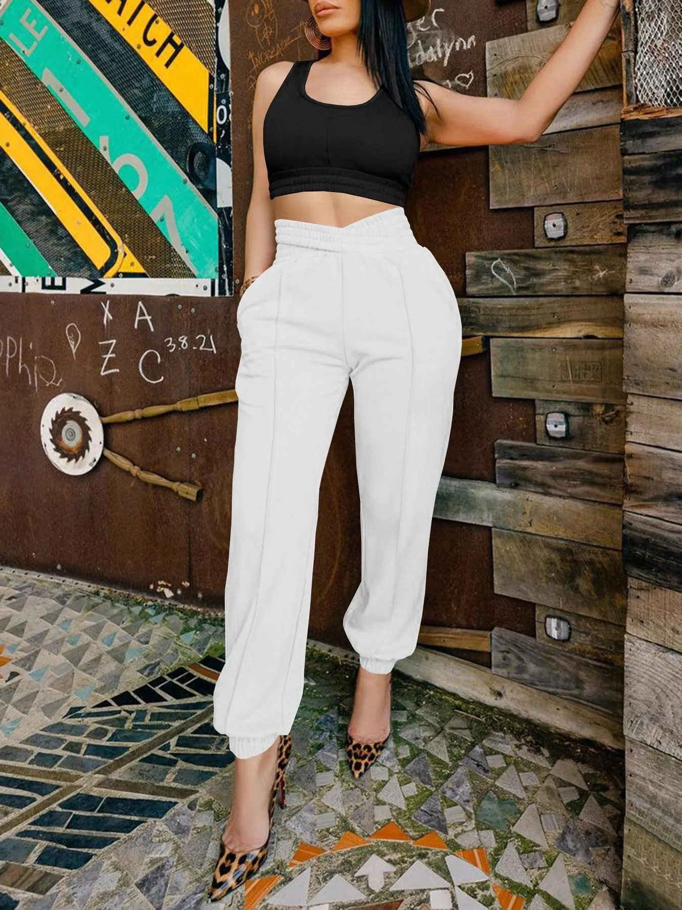 Chic High-Waisted Crossover Cutout Jogger Pants with Elastic Cuffs