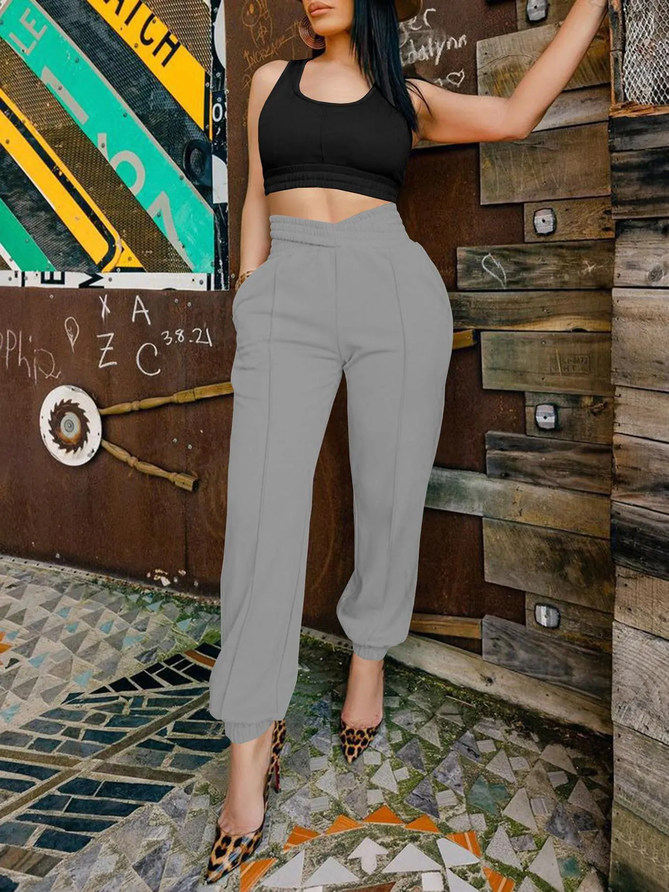 Chic High-Waisted Crossover Cutout Jogger Pants with Elastic Cuffs
