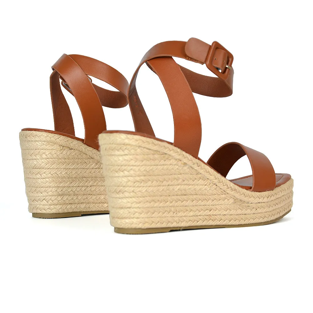 Dayla Platform Espadrille Sandal Wedge Heel With a Square Toe in Leopard Pattern